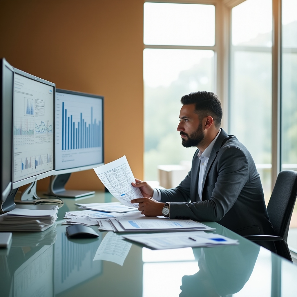 Analyst reviewing municipal budget documents in a bright workspace